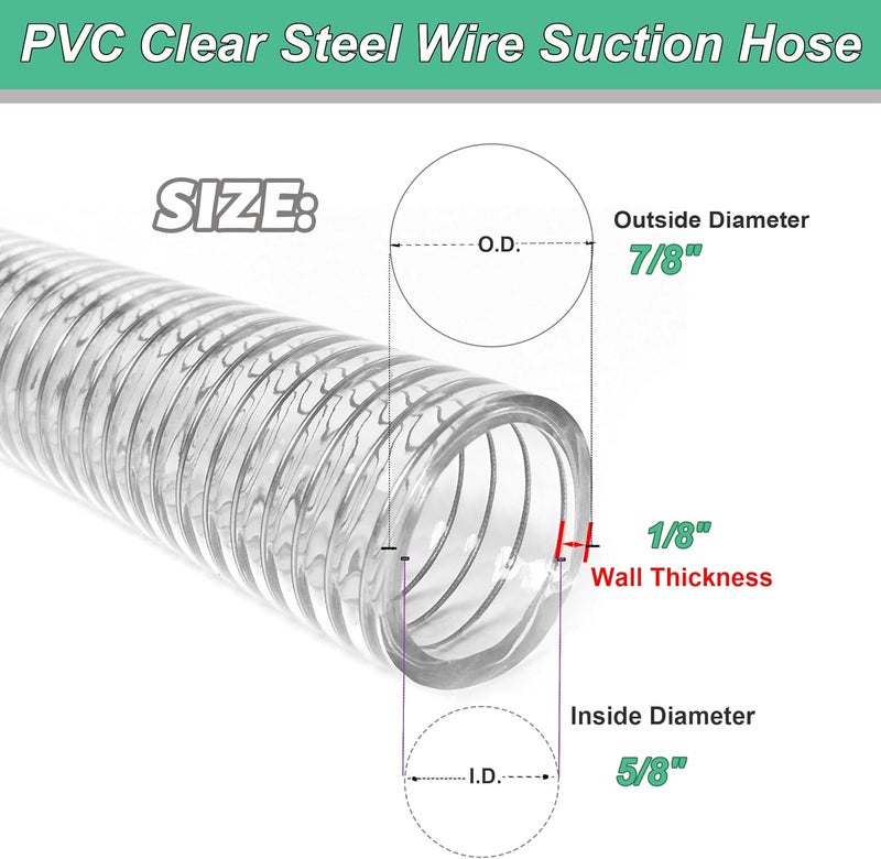 Geowaky PVC Reinforced Hose 5/8"id x 10ft Suction Hose Clear Steel Wire Tubing Heavy-duty Spiral Steel Flexible Hose,Drain Fuel Oil Gas Water for Marine Bilge Pump Pond Spa - Image 2